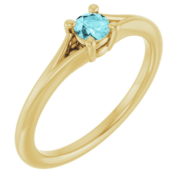 14K Gold Round Natural Blue Zircon Youth Solitaire Ring - Yellow Gold
