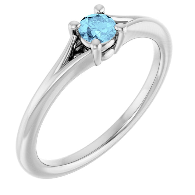 14K Gold Round Natural Aquamarine Youth Solitaire Ring - White Gold