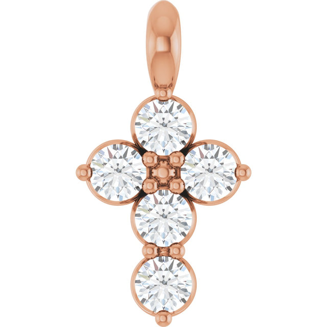 14K Gold Round Natural White Sapphire Accented Cross Necklace or Pendant - Rose Gold
