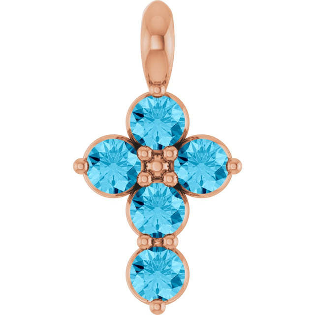 14K Gold Round Natural Aquamarine Accented Cross Necklace or Pendant - Rose Gold