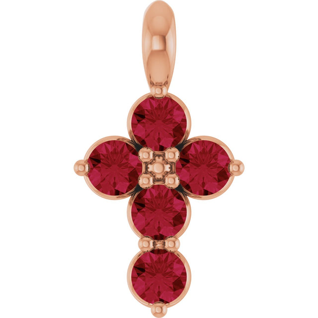 14K Gold Round Lab-Grown Ruby Accented Cross Necklace or Pendant - Rose Gold