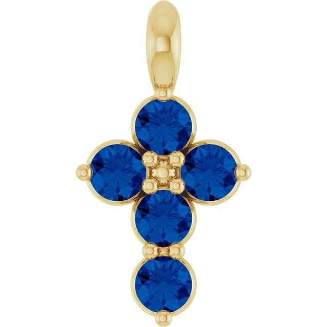 14K Gold Round Natural Blue Sapphire Accented Cross Necklace or Pendant - Yellow Gold