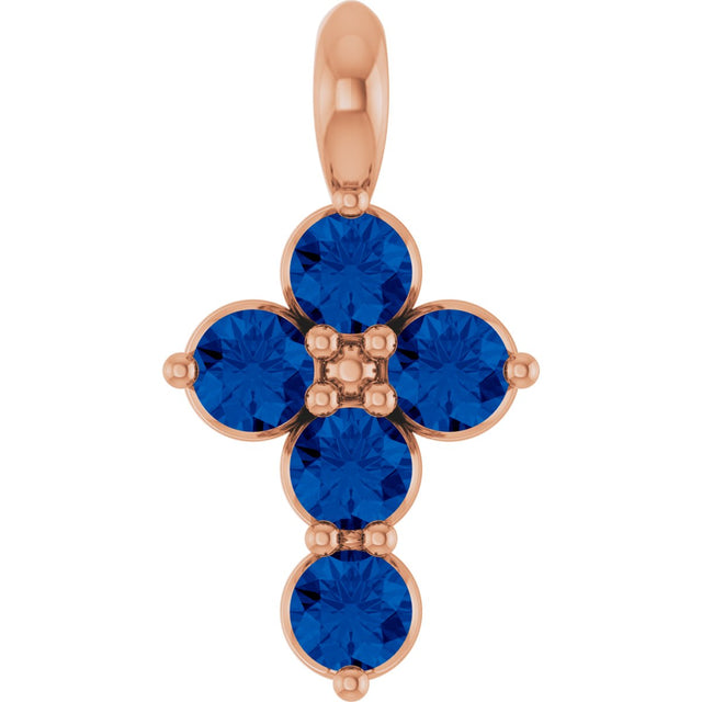 14K Gold Round Lab-Grown Blue Sapphire Accented Cross Necklace or Pendant - Rose Gold