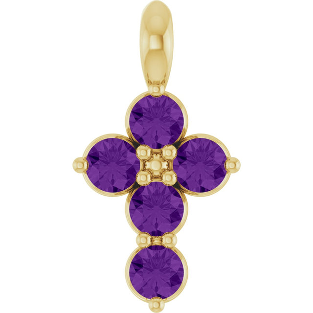14K Gold Round Natural Amethyst Accented Cross Necklace or Pendant - Yellow Gold