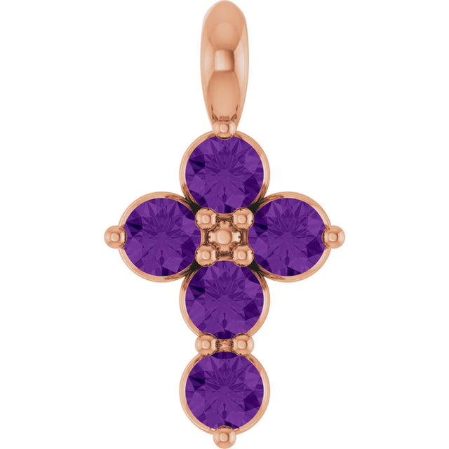 14K Gold Round Natural Amethyst Accented Cross Necklace or Pendant - Rose Gold