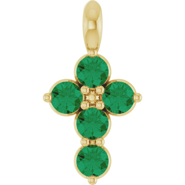 14K Gold Round Natural Emerald Accented Cross Necklace or Pendant - Yellow Gold