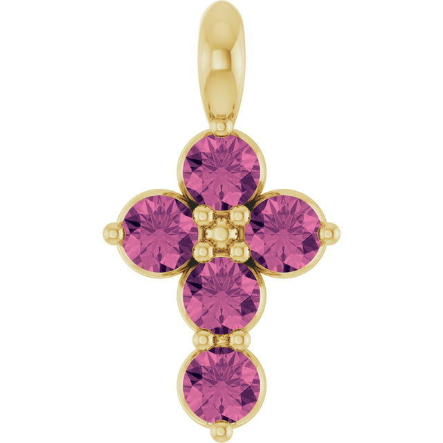 14K Gold Round Natural Pink Tourmaline Accented Cross Necklace or Pendant - Yellow Gold