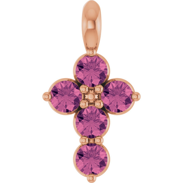 14K Gold Round Natural Pink Tourmaline Accented Cross Necklace or Pendant - Rose Gold