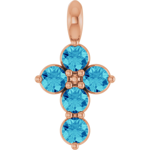 14K Gold Round Natural Blue Zircon Accented Cross Necklace or Pendant - Rose Gold