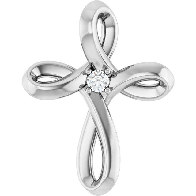 14K Gold Round Natural Diamond Solitaire Cross Necklace or Pendant - White Gold