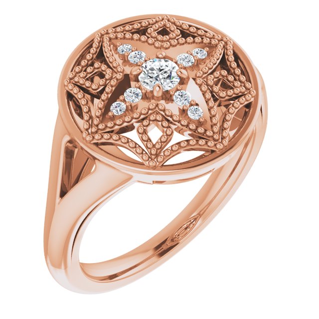 14K Gold Round Natural Diamond Accented Vintage-Inspired Ring - Rose Gold