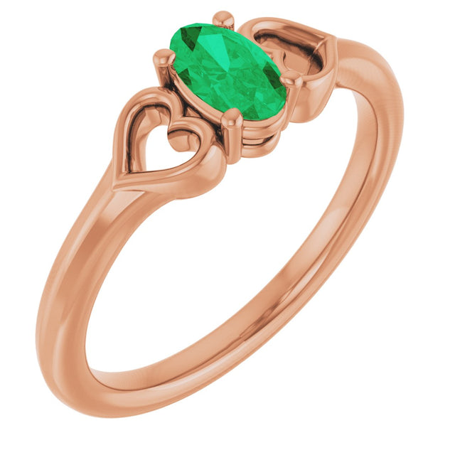 14K Gold Oval Natural Emerald Youth Heart Ring - Rose Gold