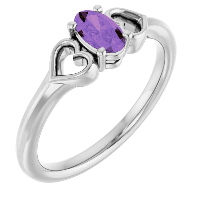 14K Gold Oval Natural Amethyst Youth Heart Ring - White Gold