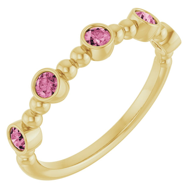 14K Gold Round Natural Pink Tourmaline Stackable Bead Ring – 2.5mm Stones - Yellow Gold