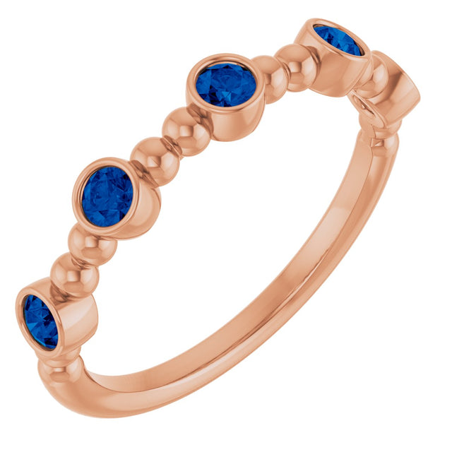 14K Gold Round Lab-Grown Blue Sapphire Stackable Bead Ring - Rose Gold