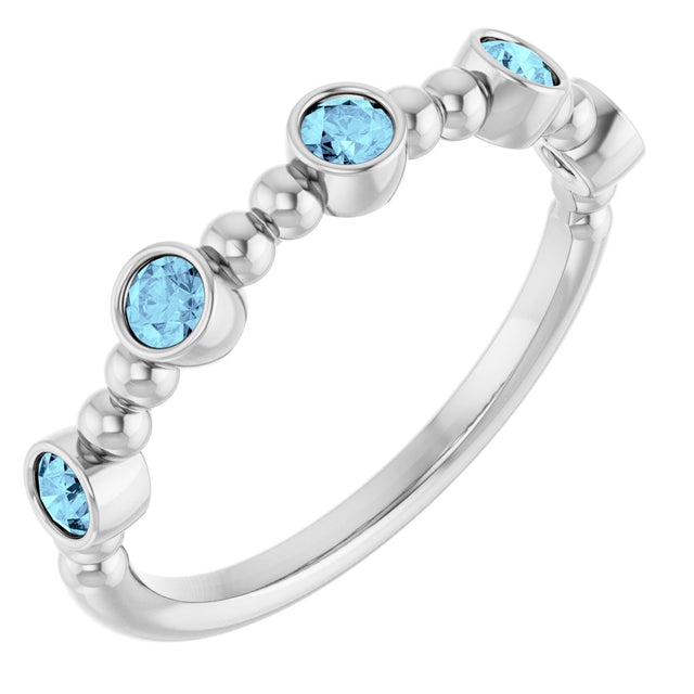 Platinum Round Natural Aquamarine Stackable Bead Ring – 2.5mm Stones