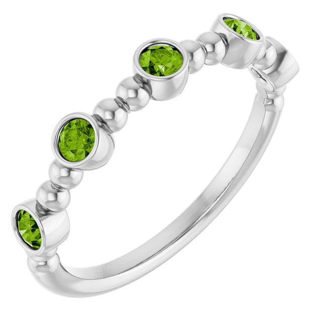 Platinum Round Natural Peridot Stackable Bead Ring – 2.5mm Stones