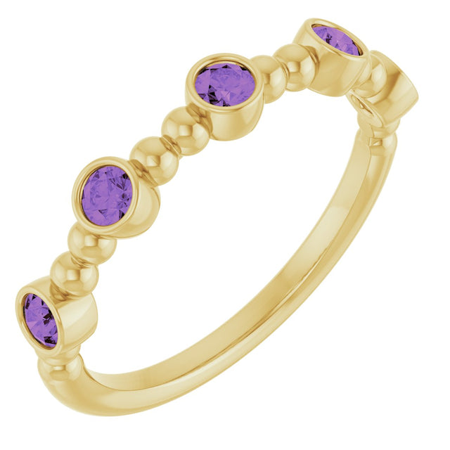 14K Gold Round Natural Amethyst Stackable Bead Ring – 2.5mm Stones - Yellow Gold