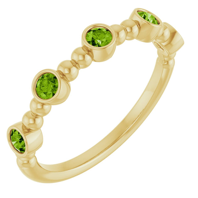 14K Gold Round Natural Peridot Stackable Bead Ring – 2.5mm Stones - Yellow Gold