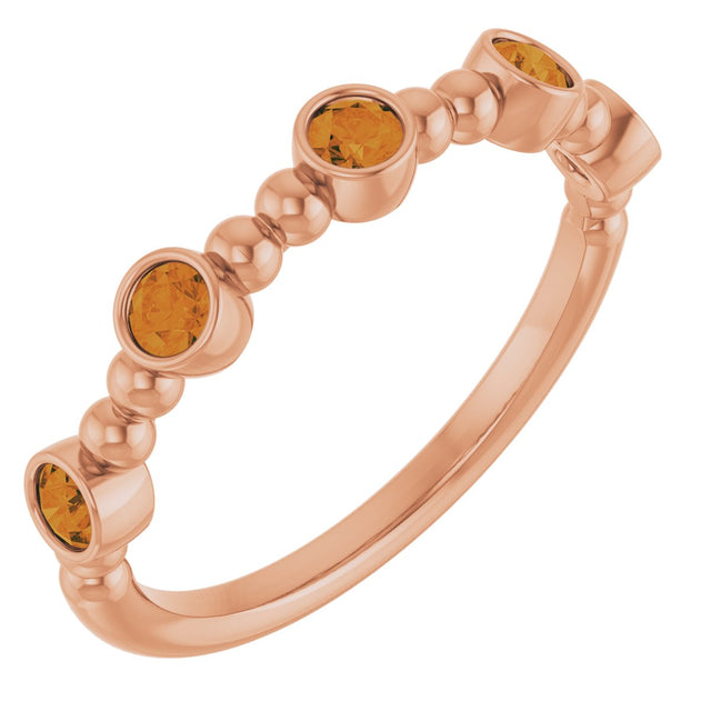 14K Gold Round Natural Citrine Stackable Bead Ring – 2.5mm Stones - Rose Gold
