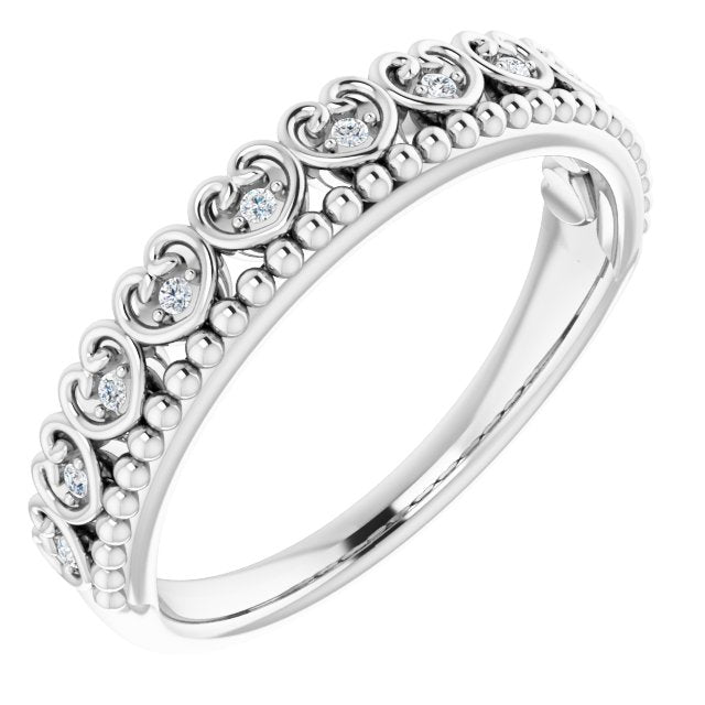 14K Gold Round Natural Diamond Stackable Beaded Heart Ring - White Gold