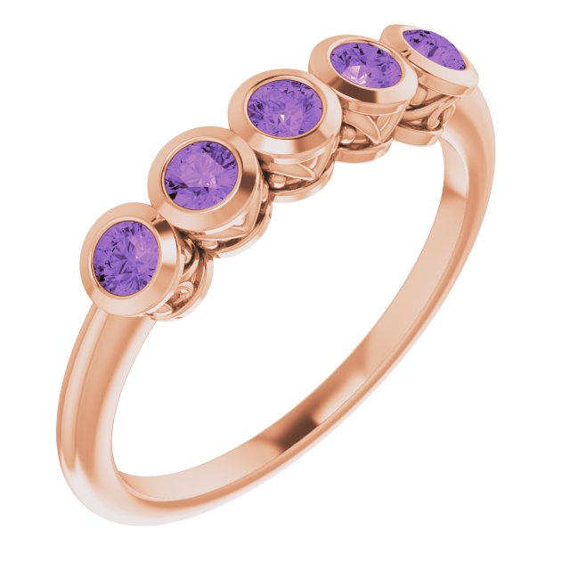 14K Gold Round Natural Amethyst Five-Stone Bezel-Set Ring - Rose Gold