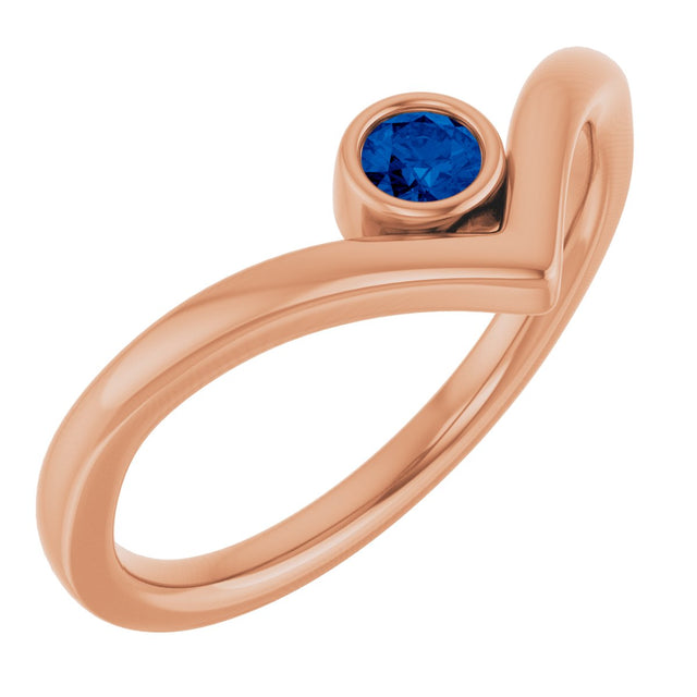 14K Gold Round Lab-Grown Blue Sapphire Bezel-Set Solitaire V Ring - Rose Gold