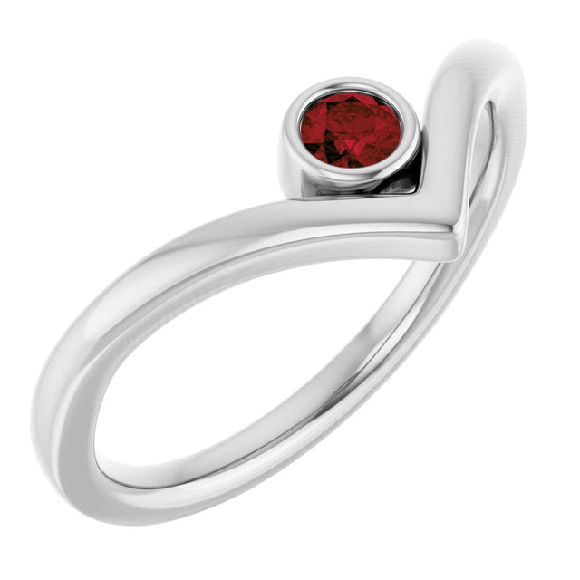 14K Gold Round Natural Mozambique Garnet Bezel-Set Solitaire V Ring - White Gold
