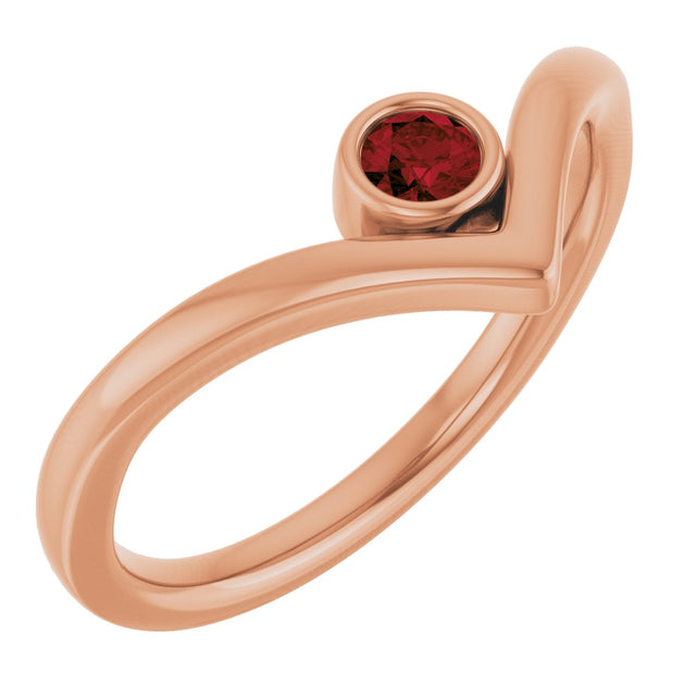 14K Gold Round Natural Mozambique Garnet Bezel-Set Solitaire V Ring - Rose Gold