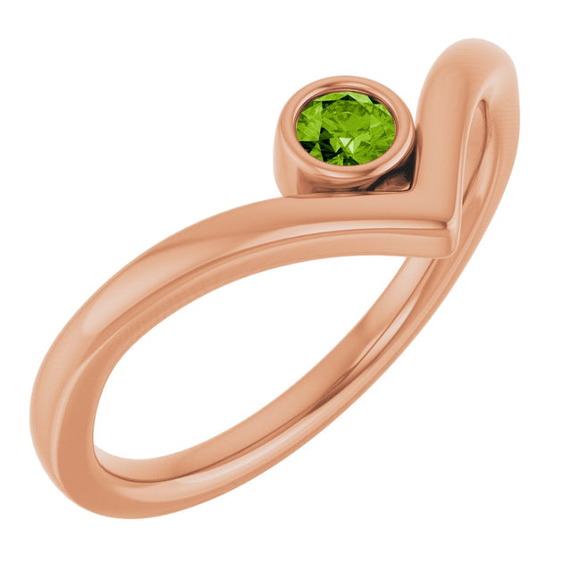 14K Gold Round Natural Peridot Bezel-Set Solitaire V Ring - Rose Gold
