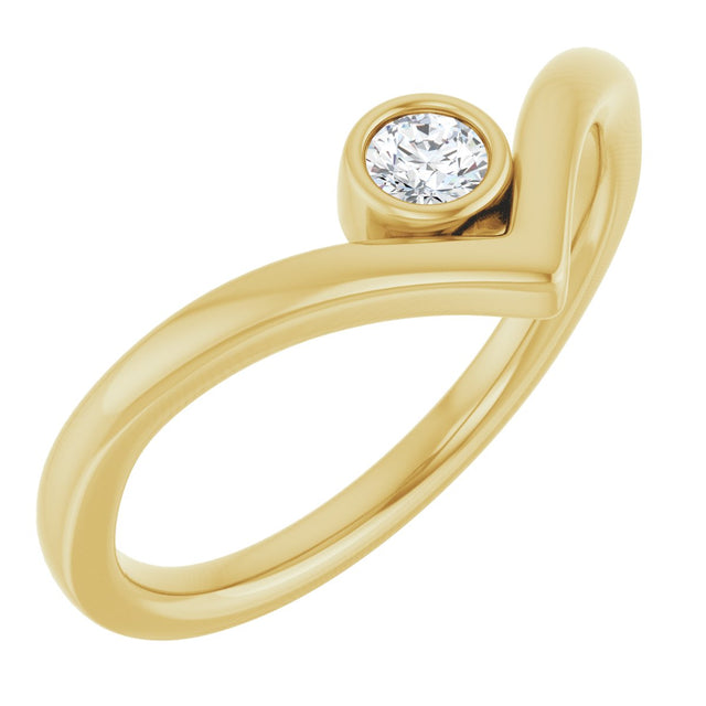 14K Gold Round Natural Diamond Bezel-Set Solitaire V Ring - Yellow Gold
