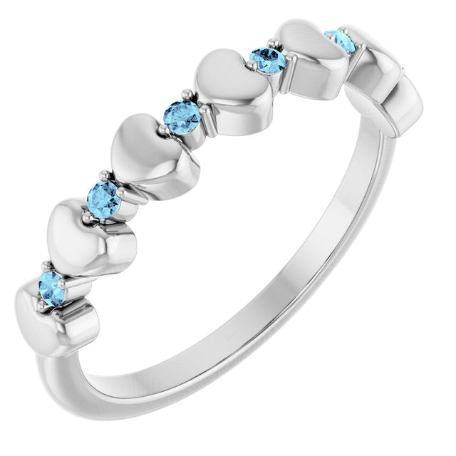 Platinum Round Natural Aquamarine Accented Stackable Heart Ring