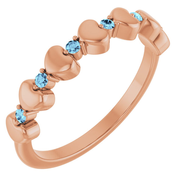 14K Gold Round Natural Aquamarine Accented Stackable Heart Ring - Rose Gold