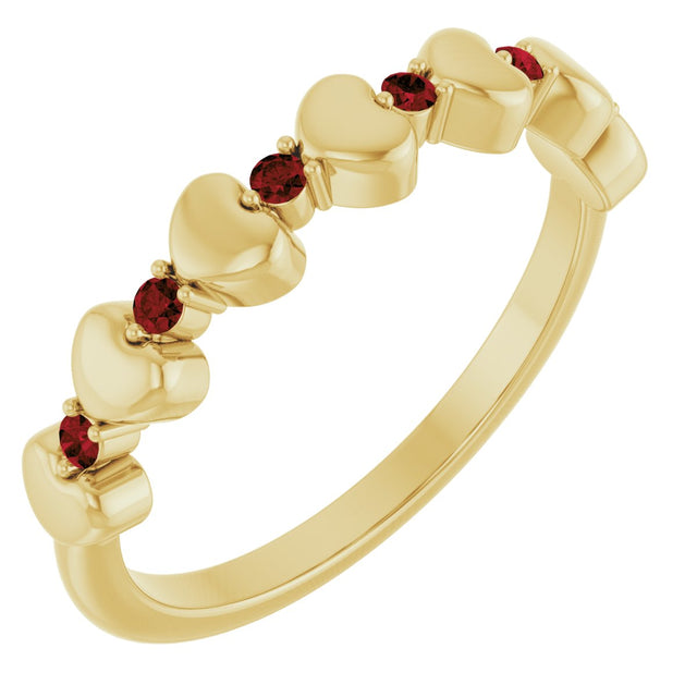 14K Gold Round Natural Mozambique Garnet Accented Stackable Heart Ring - Yellow Gold