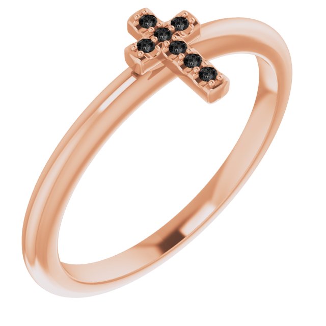 14K Gold Round Natural Black Diamond Accented Stackable Cross Ring - Rose Gold