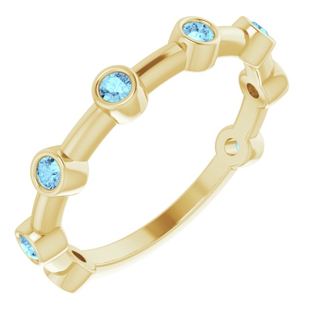 14K Gold Round Natural Aquamarine Bezel-Set Bar Ring - Yellow Gold