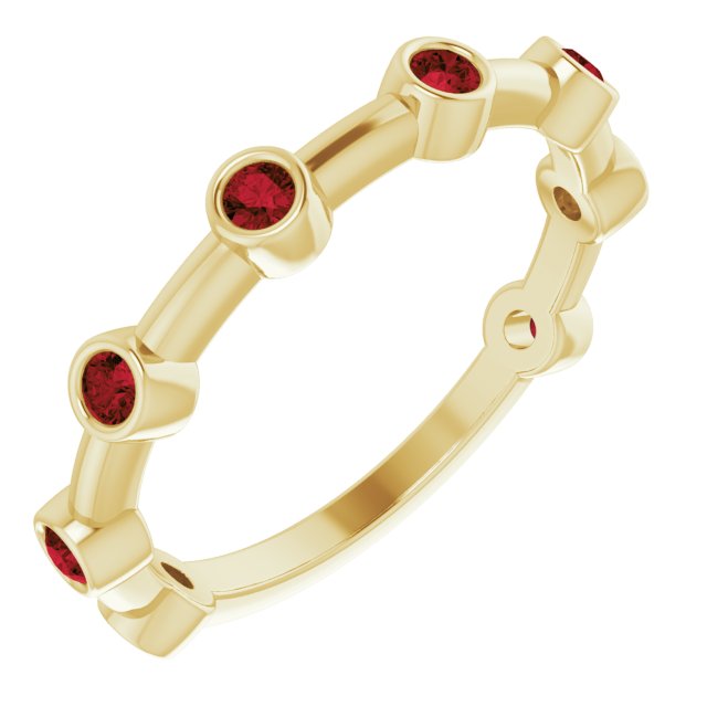 14K Gold Round Natural Mozambique Garnet Bezel-Set Bar Ring - Yellow Gold