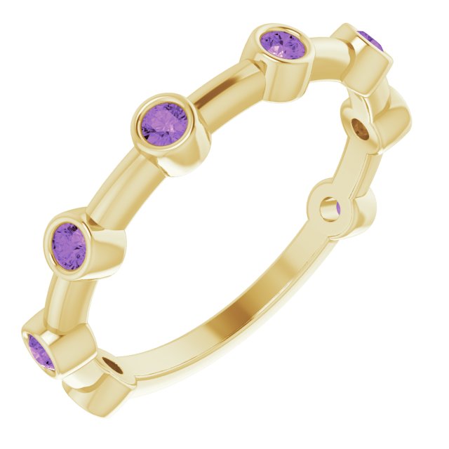 14K Gold Round Natural Amethyst Bezel-Set Bar Ring - Yellow Gold