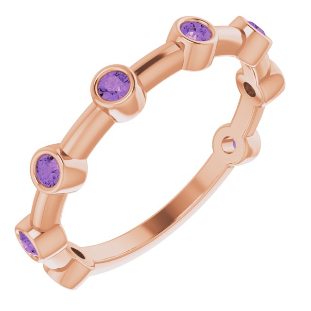 14K Gold Round Natural Amethyst Bezel-Set Bar Ring - Rose Gold