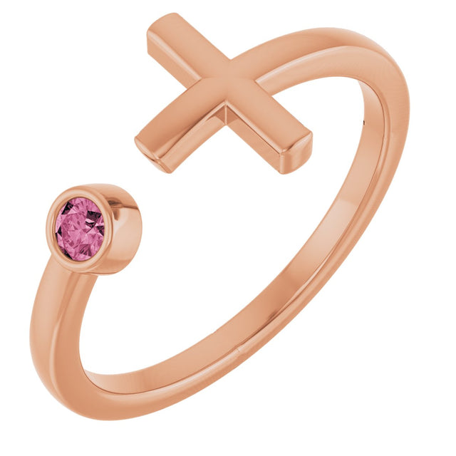 14K Gold Round Natural Pink Tourmaline Negative Space Cross Ring - Rose Gold