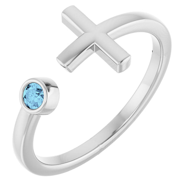 14K Gold Round Natural Aquamarine Negative Space Cross Ring - White Gold
