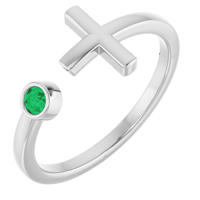 Platinum Round Natural Emerald Negative Space Cross Ring