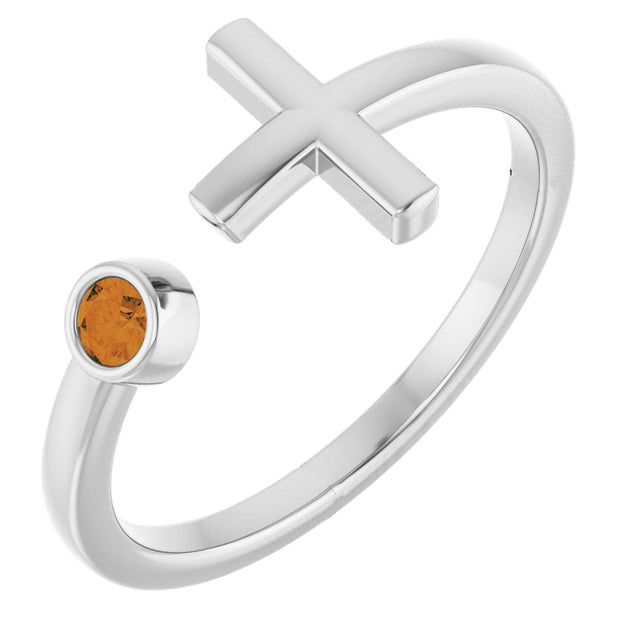 Platinum Round Natural Citrine Negative Space Cross Ring