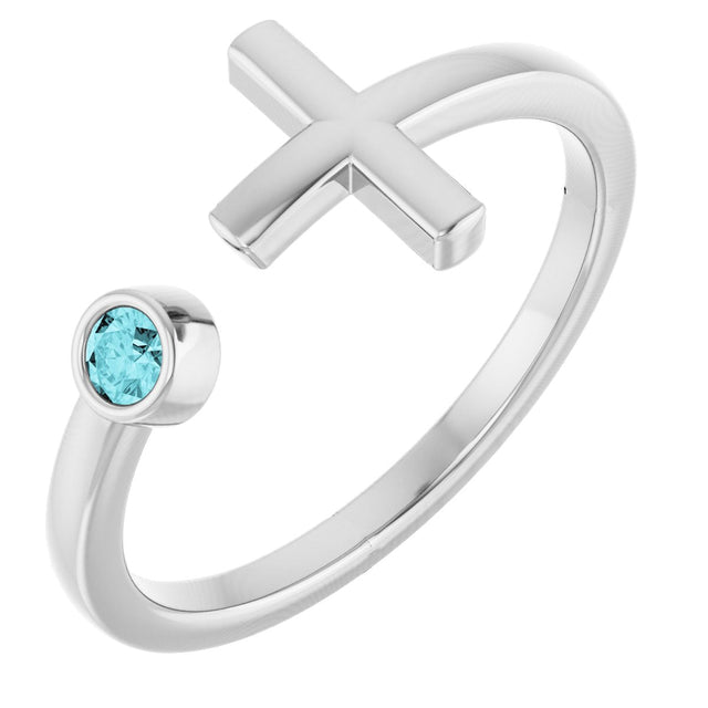 Platinum Round Natural Blue Zircon Negative Space Cross Ring