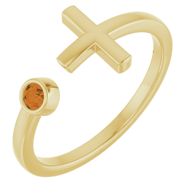 14K Gold Round Natural Citrine Negative Space Cross Ring - Yellow Gold
