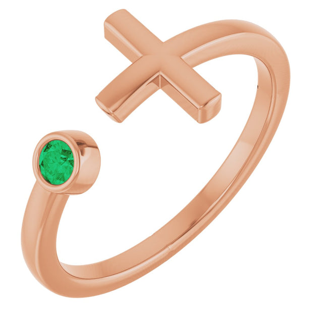 14K Gold Round Lab-Grown Emerald Negative Space Cross Ring - Rose Gold