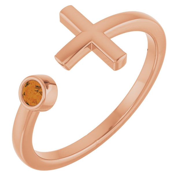 14K Gold Round Natural Citrine Negative Space Cross Ring - Rose Gold