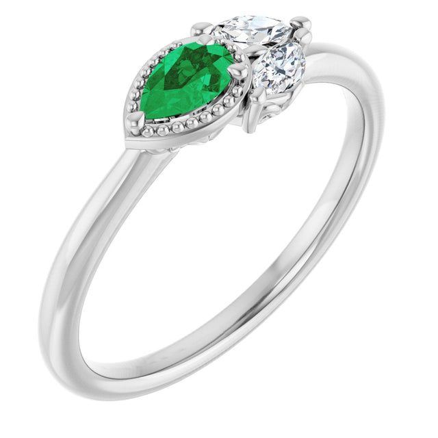 Platinum Pear Natural Emerald Accented Ring