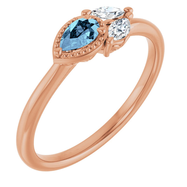 14K Gold Pear Natural Aquamarine Accented Ring - Rose Gold