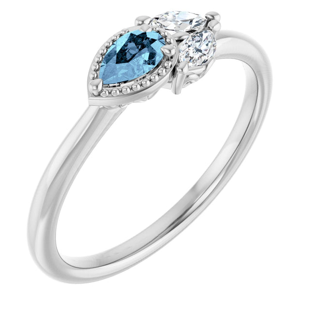 14K Gold Pear Natural Aquamarine Accented Ring - White Gold